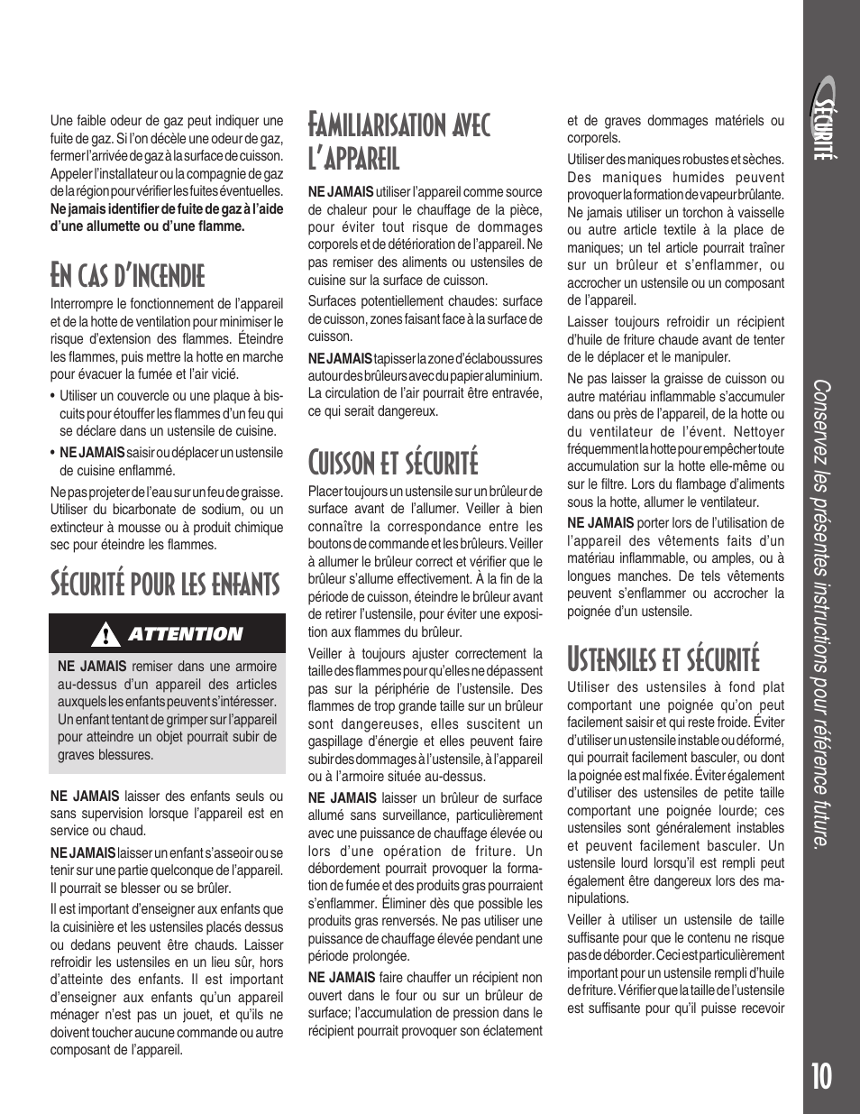 En cas d’incendie, Sécurité pour les enfants, Familiarisation avec l’appareil | Cuisson et sécurité, Ustensiles et sécurité | Maytag MGC5430 User Manual | Page 11 / 24