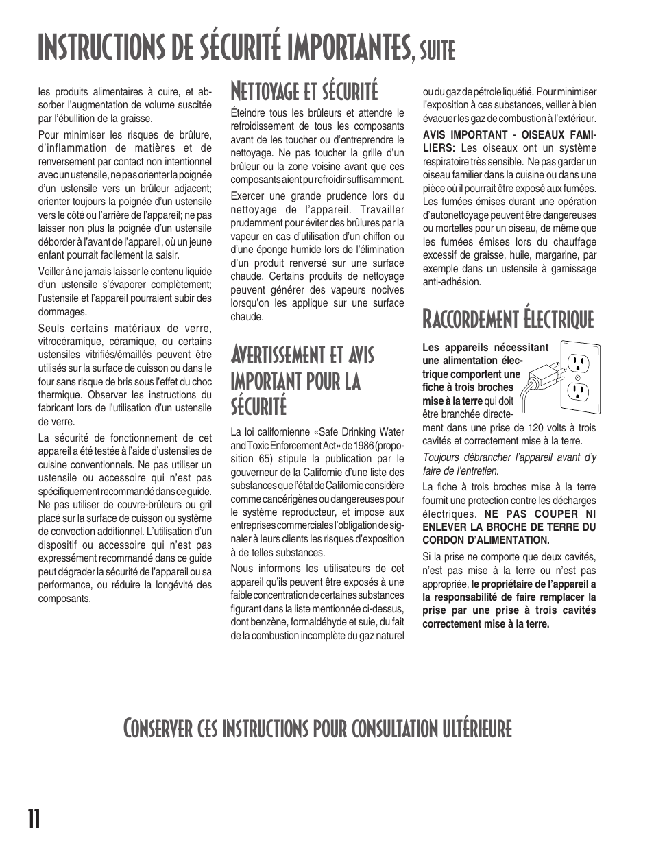 Instructions de sécurité importantes, Raccordement électrique, Suite nettoyage et sécurité | Avertissement et avis important pour la sécurité | Maytag MGC5430 User Manual | Page 12 / 24