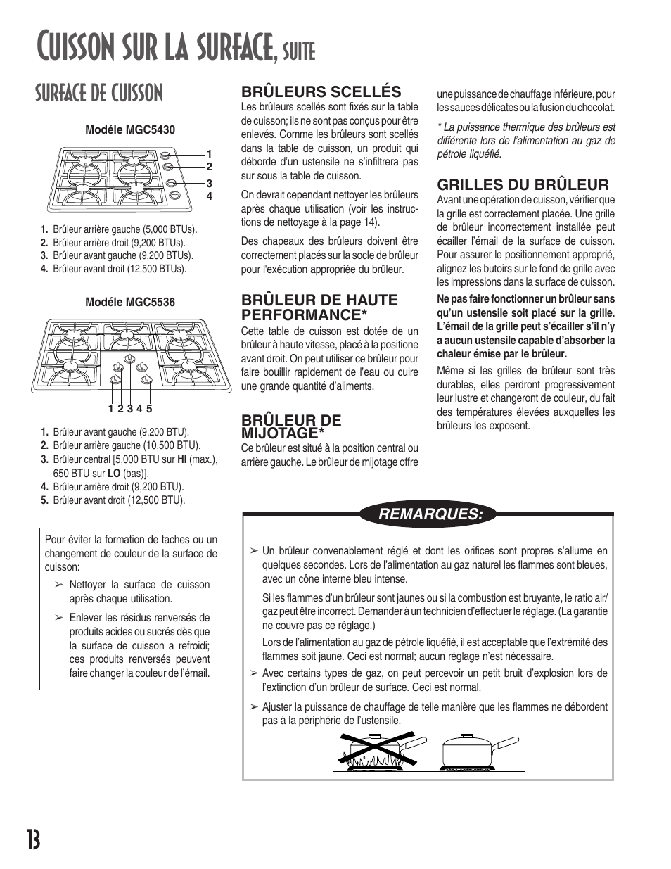 Cuisson sur la surface, Surface de cuisson, Suite | Remarques | Maytag MGC5430 User Manual | Page 14 / 24