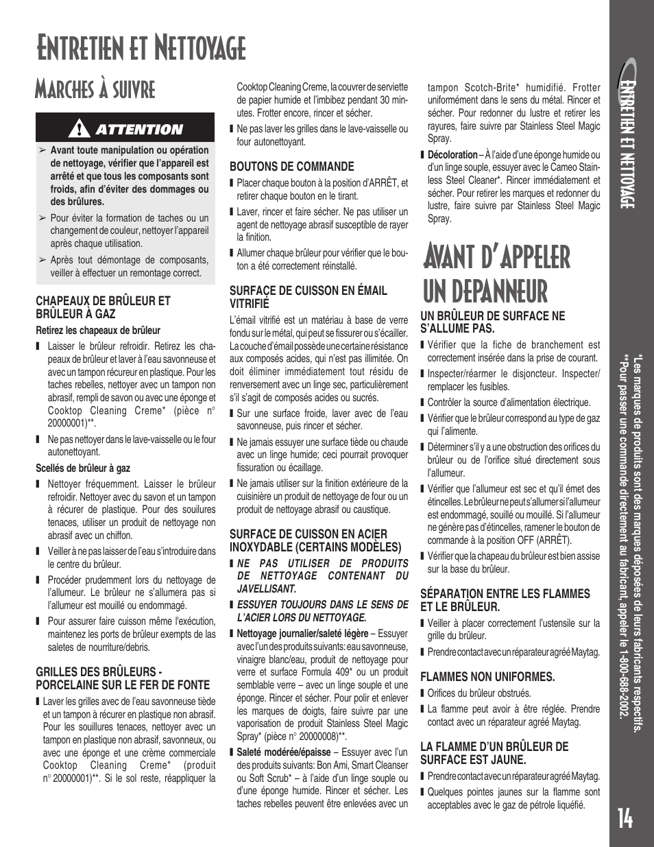 Entretien et nettoyage, Avant d’appeler un depanneur, 14 marches à suivre | Maytag MGC5430 User Manual | Page 15 / 24