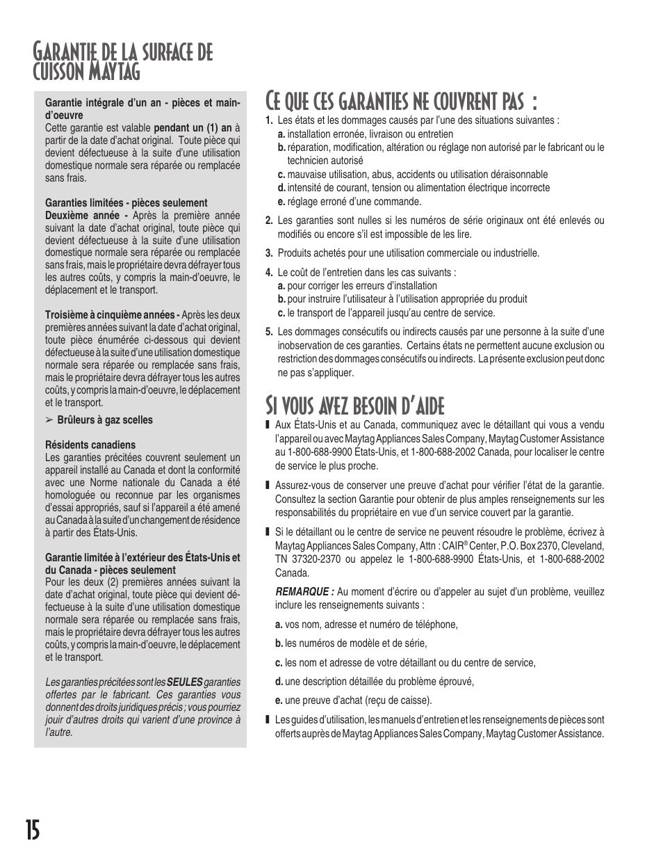 Si vous avez besoin d’aide | Maytag MGC5430 User Manual | Page 16 / 24