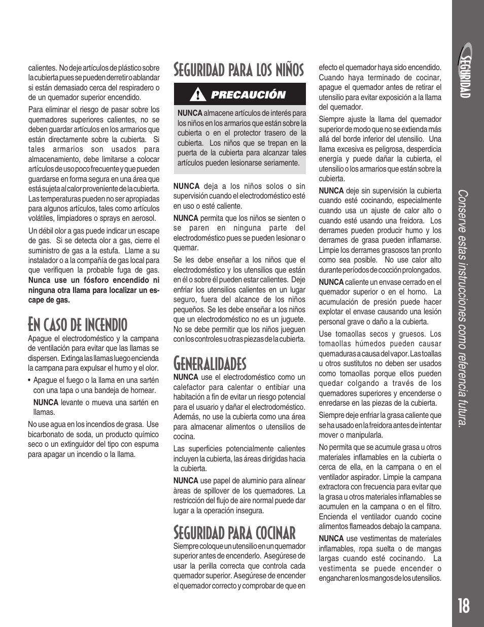 En caso de incendio, Generalidades, Seguridad para cocinar | Seguridad para los niños, Segur id a d | Maytag MGC5430 User Manual | Page 19 / 24