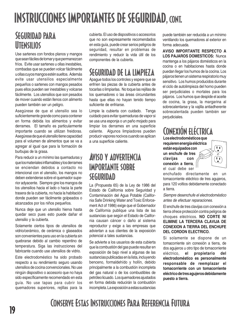 Instrucciones importantes de seguridad, 19 seguridad para utensilios, Seguridad de la limpieza | Aviso y advertencia importante sobre seguridad, Cont | Maytag MGC5430 User Manual | Page 20 / 24