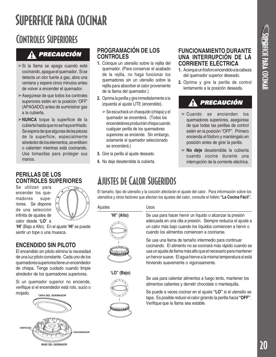 Superficie para cocinar, Ajustes de calor sugeridos, Controles superiores | Su pe rficie p ara c o ci nar, Perillas de los controles superiores, Programación de los controles, Encendido sin piloto, Precaución | Maytag MGC5430 User Manual | Page 21 / 24