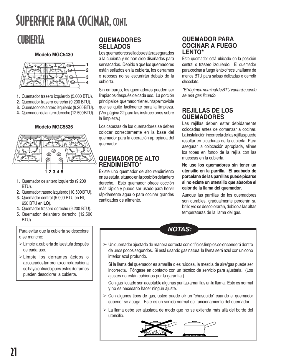 Superficie para cocinar, Cubierta, Cont | Maytag MGC5430 User Manual | Page 22 / 24