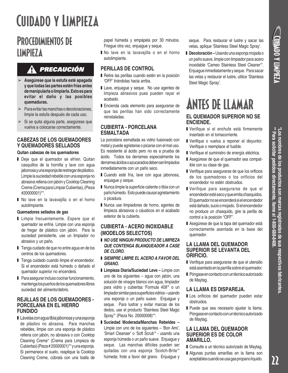 Antes de llamar, Cuidado y limpieza, Procedimientos de limpieza | Cuid a do y l im p ieza | Maytag MGC5430 User Manual | Page 23 / 24