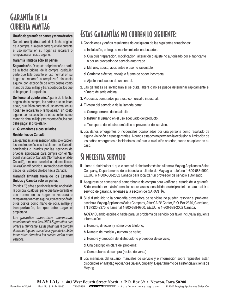 Si necesita servicio, Maytag | Maytag MGC5430 User Manual | Page 24 / 24