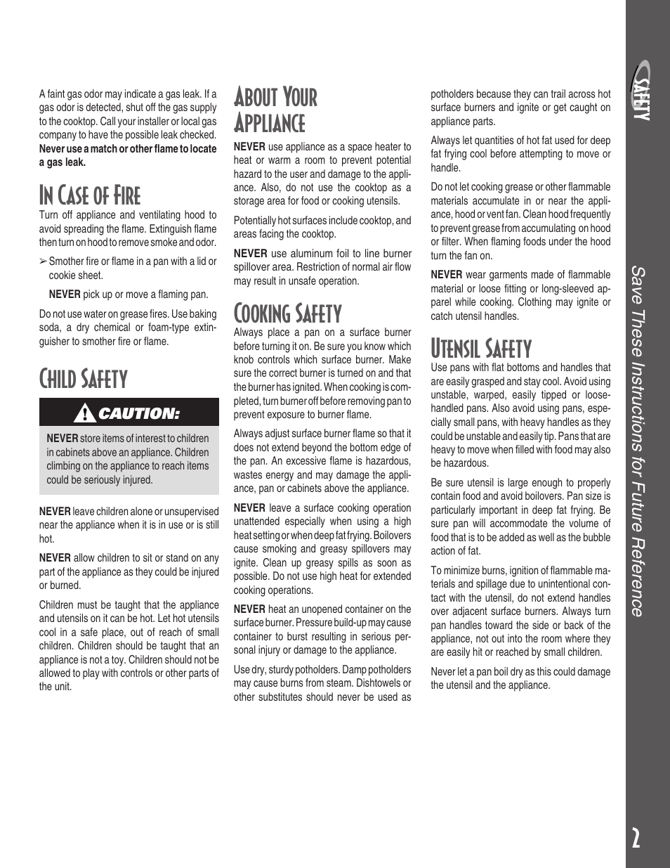 Child safety, Utensil safety, About your appliance | Cooking safety, Sa v e these instr uctions f or future ref erence | Maytag MGC5430 User Manual | Page 3 / 24