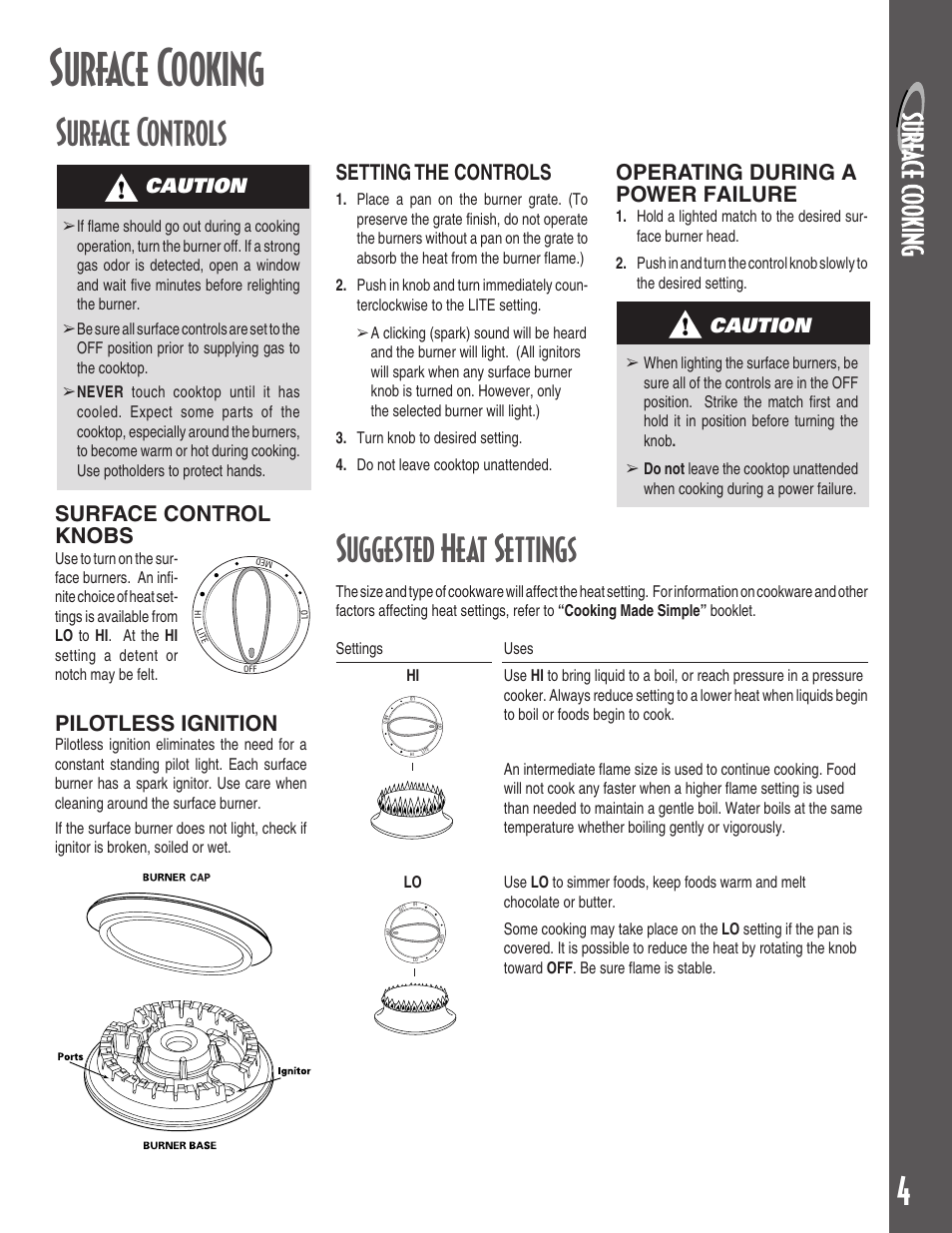 Surface cooking, Suggested heat settings, Surface controls | Surface control knobs, Setting the controls, Operating during a power failure, Pilotless ignition, Caution | Maytag MGC5430 User Manual | Page 5 / 24