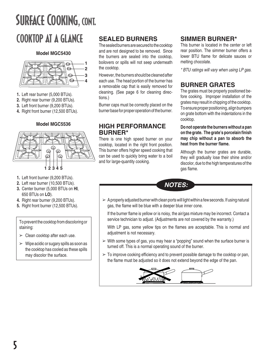 Surface cooking, Cooktop at a glance, Cont | Maytag MGC5430 User Manual | Page 6 / 24