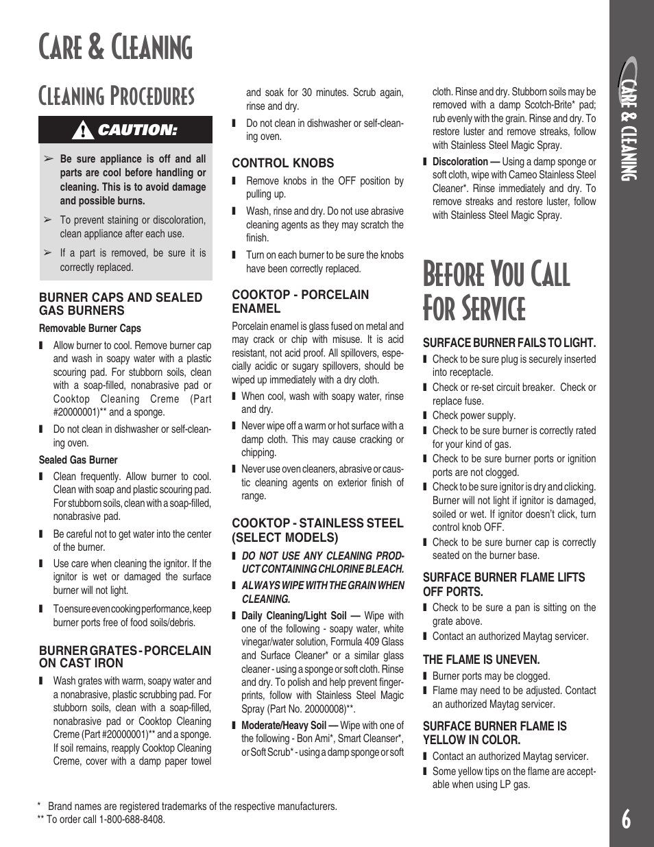 Care & cleaning, Before you call for service, Cleaning procedures | Caution | Maytag MGC5430 User Manual | Page 7 / 24