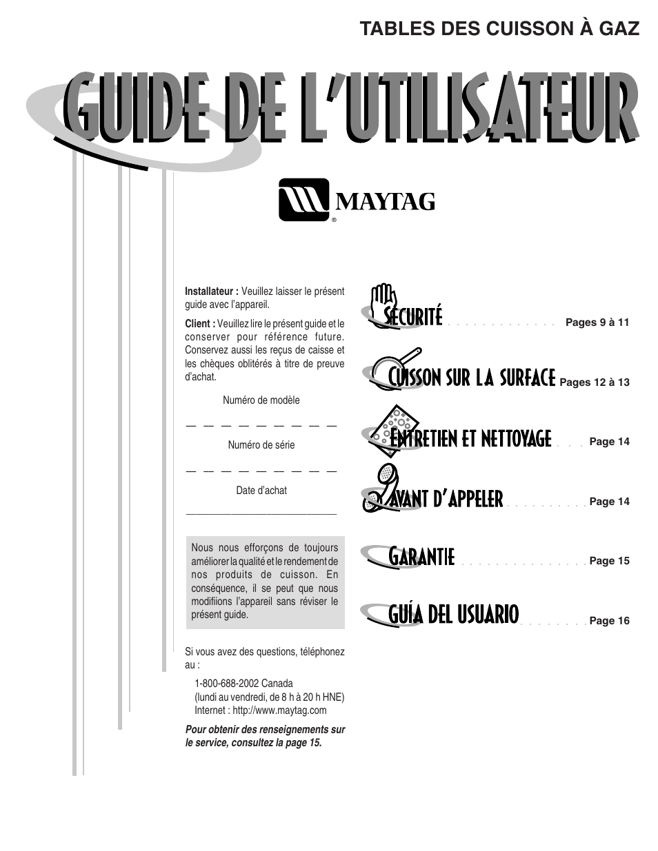 Tables des cuisson à gaz | Maytag MGC5430 User Manual | Page 9 / 24