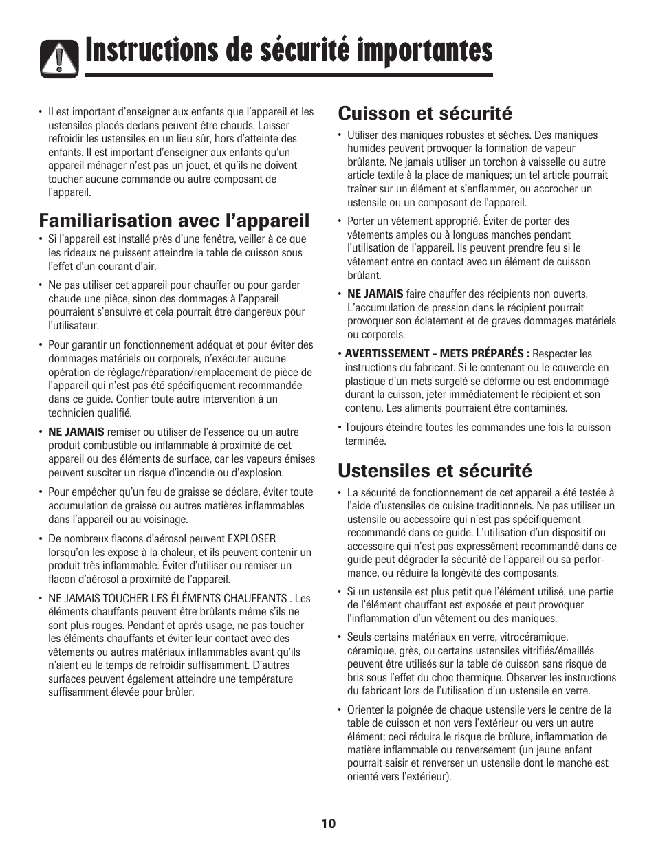 Instructions de sécurité importantes, Familiarisation avec l’appareil, Ustensiles et sécurité | Cuisson et sécurité | Maytag MEC4430AAW User Manual | Page 11 / 24