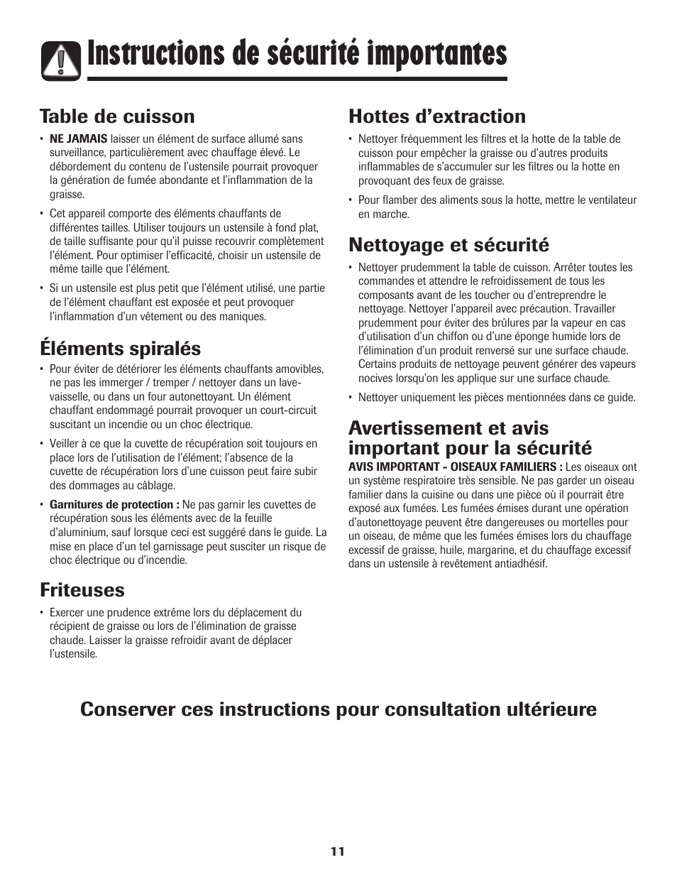 Instructions de sécurité importantes, Table de cuisson, Éléments spiralés | Friteuses, Hottes d’extraction, Nettoyage et sécurité, Avertissement et avis important pour la sécurité | Maytag MEC4430AAW User Manual | Page 12 / 24