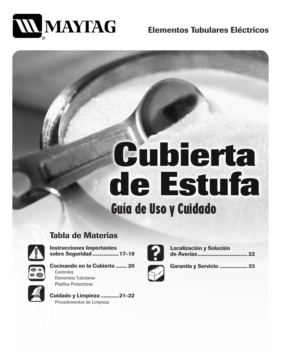 Guía de uso y cuidado, Tabla de materias, Elementos tubulares eléctricos | Maytag MEC4430AAW User Manual | Page 17 / 24