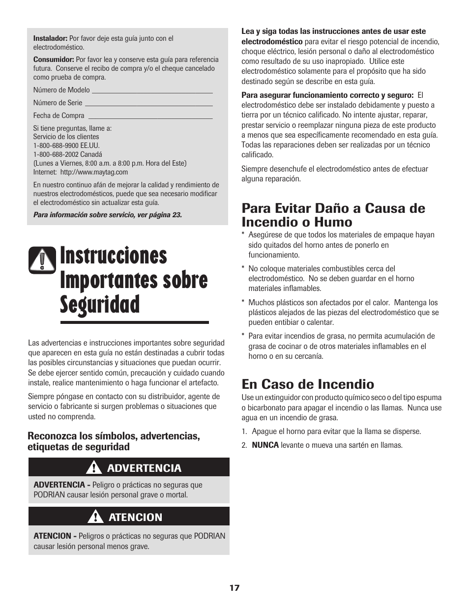Instrucciones importantes sobre seguridad, Para evitar daño a causa de incendio o humo, En caso de incendio | Maytag MEC4430AAW User Manual | Page 18 / 24