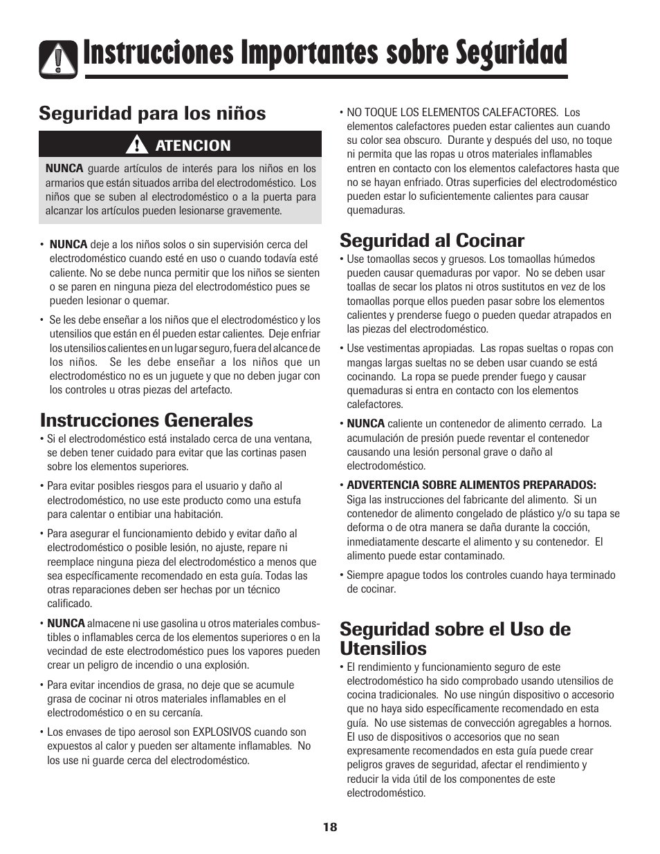 Instrucciones importantes sobre seguridad, Seguridad para los niños, Instrucciones generales | Seguridad al cocinar, Seguridad sobre el uso de utensilios | Maytag MEC4430AAW User Manual | Page 19 / 24