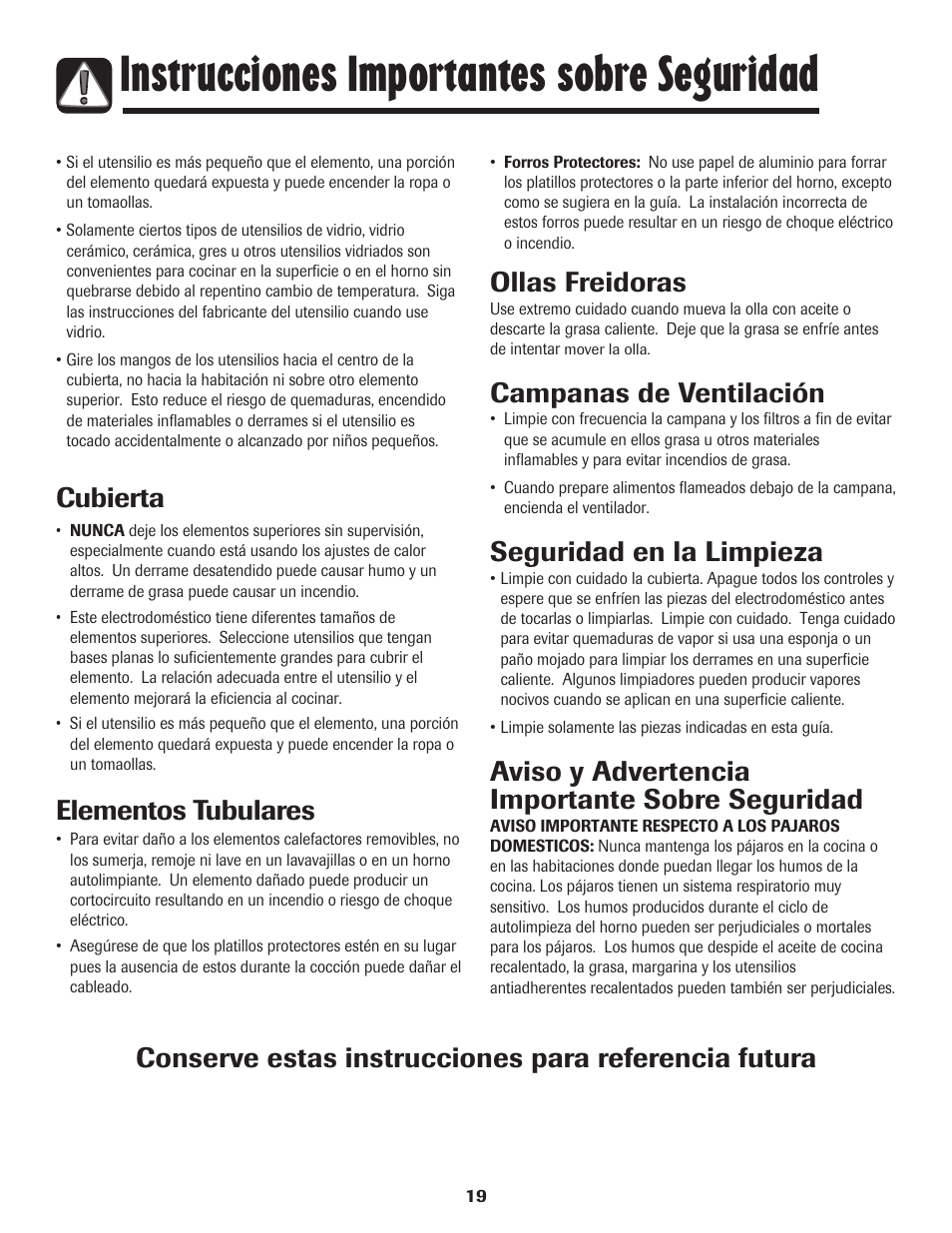 Instrucciones importantes sobre seguridad, Cubierta, Elementos tubulares | Ollas freidoras, Campanas de ventilación, Seguridad en la limpieza, Aviso y advertencia importante sobre seguridad | Maytag MEC4430AAW User Manual | Page 20 / 24
