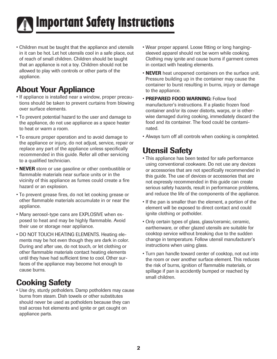 Important safety instructions, About your appliance, Cooking safety | Utensil safety | Maytag MEC4430AAW User Manual | Page 3 / 24