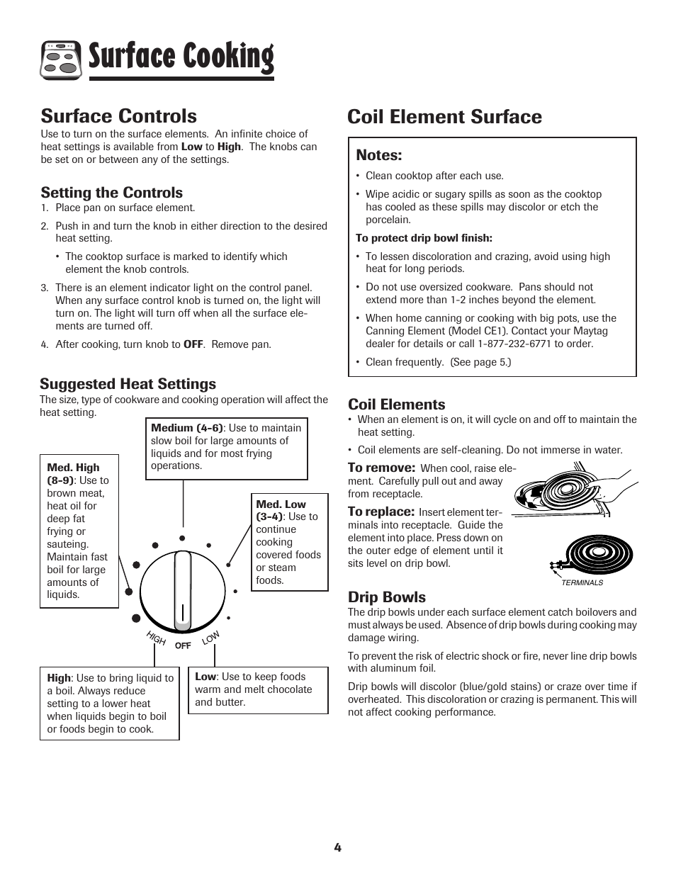 Surface cooking, Surface controls, Coil element surface | Setting the controls, Suggested heat settings, Coil elements, Drip bowls | Maytag MEC4430AAW User Manual | Page 5 / 24