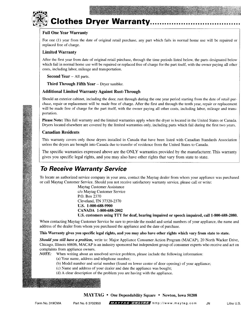 Clothes dryer warranty, To receive warranty service | Maytag MD9316 User Manual | Page 12 / 12
