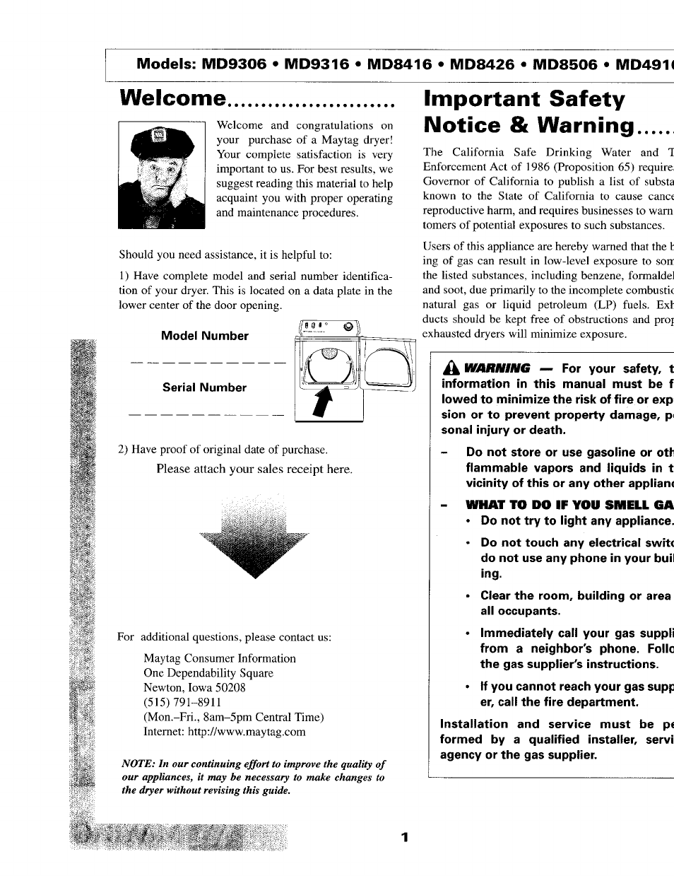 Important safety notice & warning, Welcome | Maytag MD9316 User Manual | Page 2 / 12
