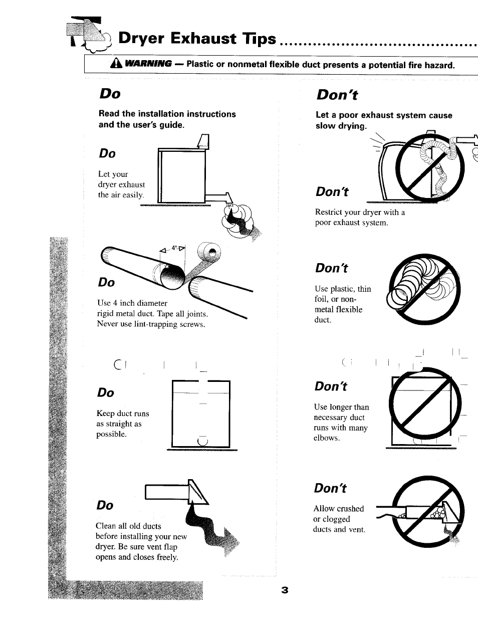 Dryer exhaust tips, Don't, Don't m | Maytag MD9316 User Manual | Page 4 / 12