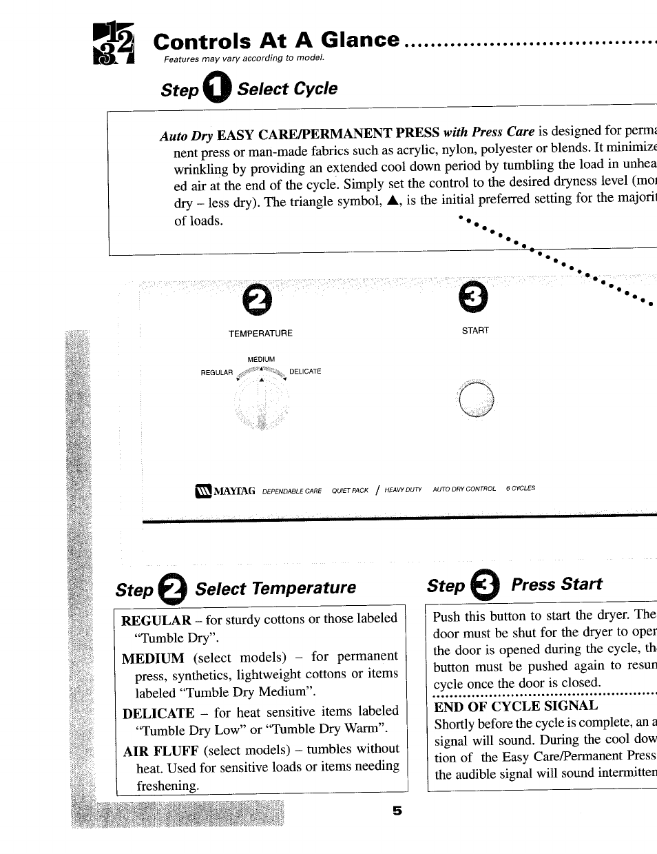 2 controls at a glance, Step select cycle, Step o select temperature step © press start | Controls at a glance | Maytag MD9316 User Manual | Page 6 / 12