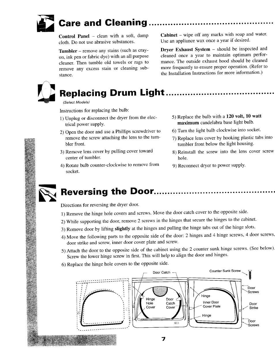 Reversing the door, Re versing the door, Care and cleaning | Replacing drum light | Maytag MD9316 User Manual | Page 8 / 12