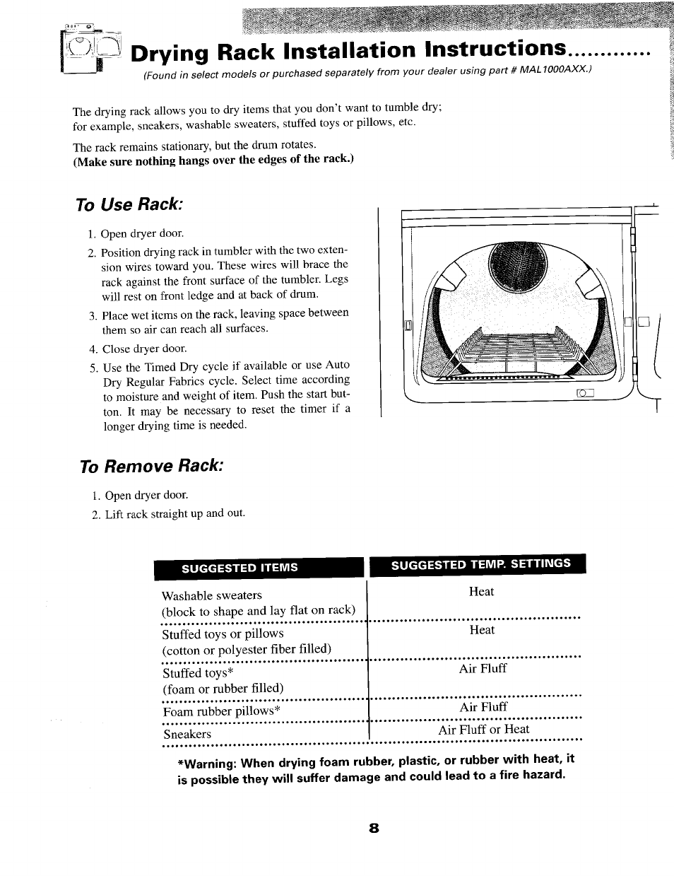 Drying rack installation instructions, To use rack, To remove rack | Maytag MD9316 User Manual | Page 9 / 12