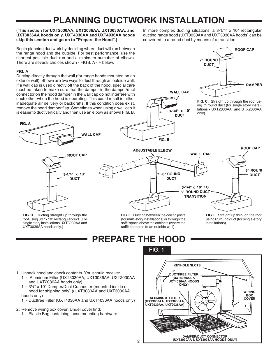 Planning ductwork installation prepare the hood, Fig. 1 | Maytag UXT4036AA User Manual | Page 2 / 8