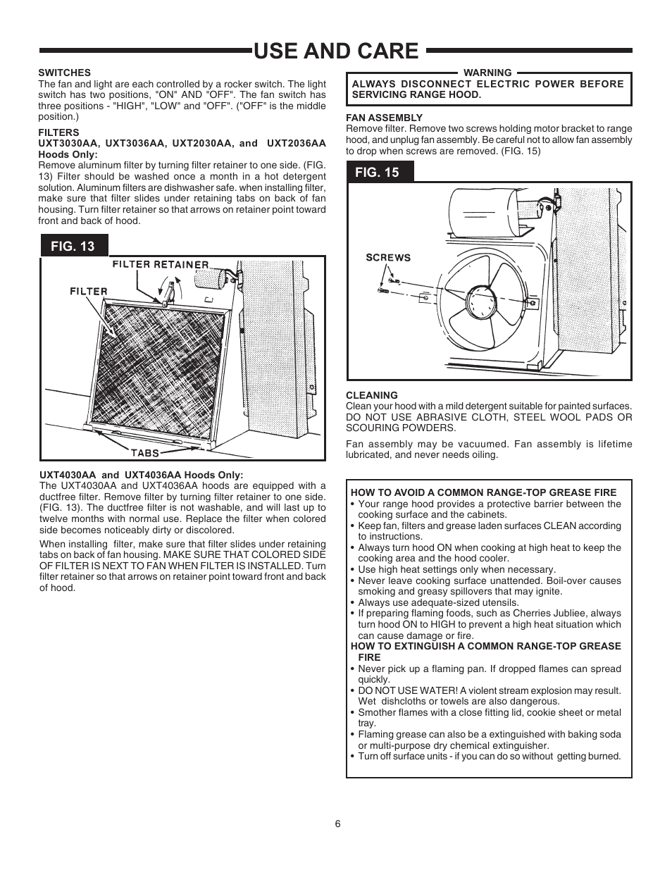 Use and care, Fig. 13, Fig. 15 | Maytag UXT4036AA User Manual | Page 6 / 8