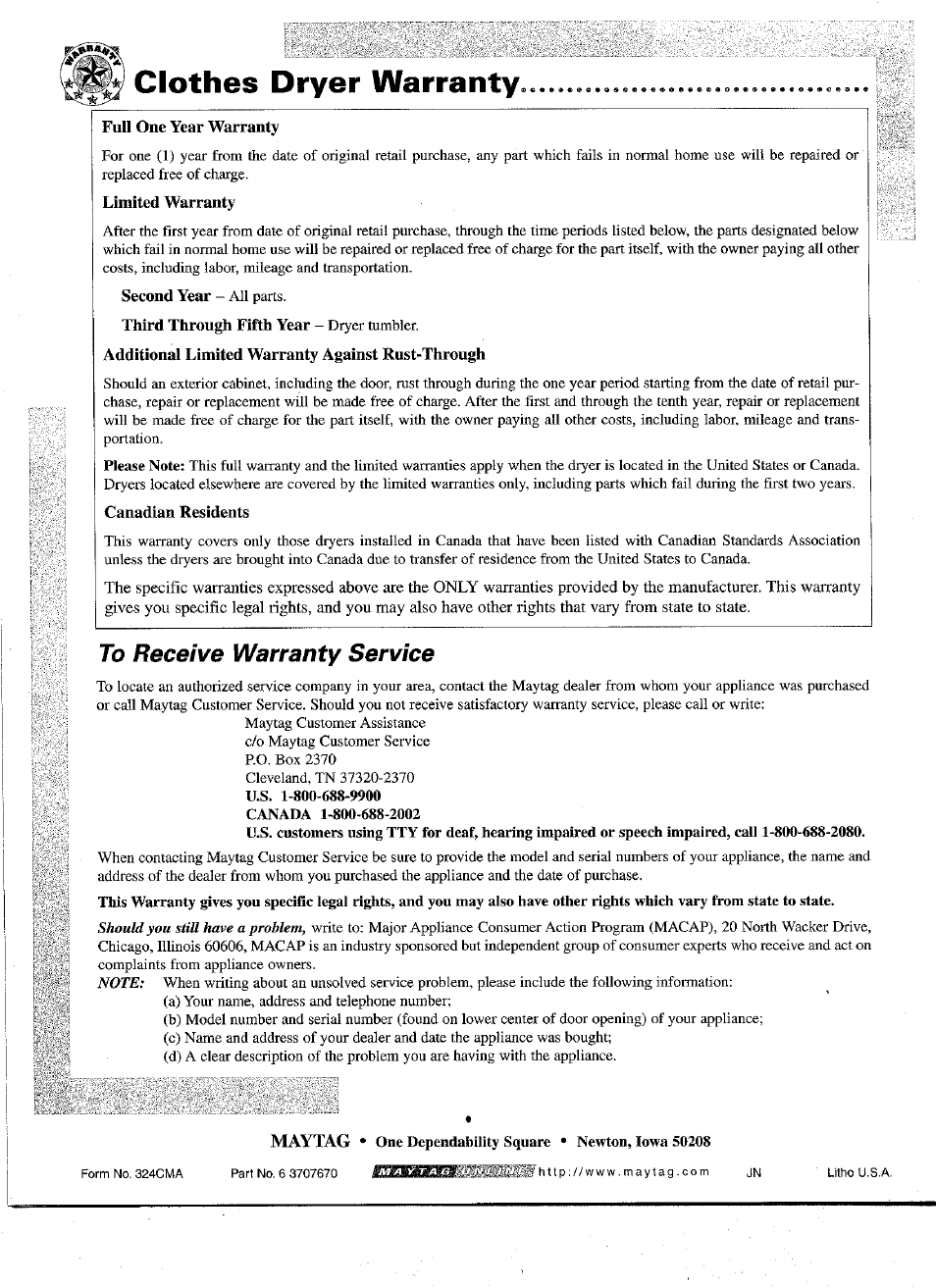 Clothes dryer warranty, Full one year warranty, Canadian residents | To receive warranty service | Maytag D-2 User Manual | Page 10 / 10