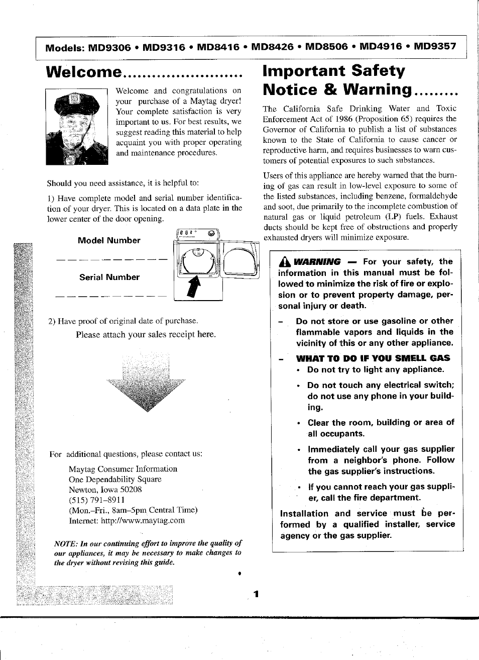 Welcome, Important safety notice & warning | Maytag D-2 User Manual | Page 2 / 10
