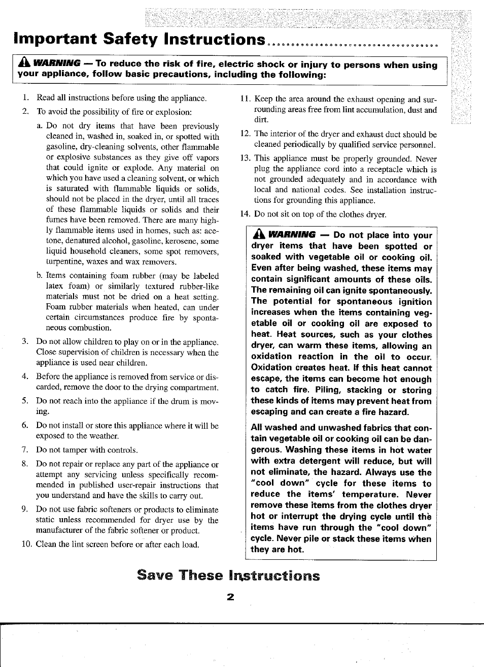 Important safety instructions, Save these instructions | Maytag D-2 User Manual | Page 3 / 10