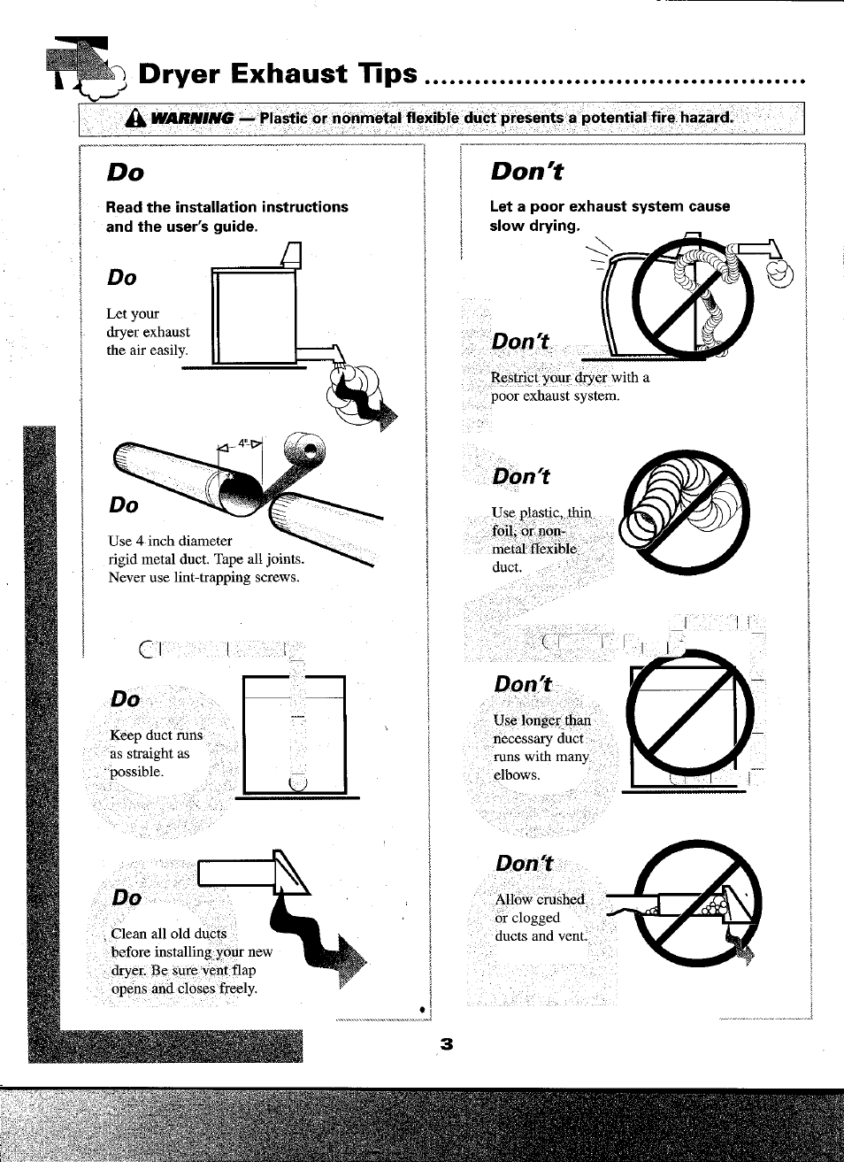 Don't, Dryer exhaust tips | Maytag D-2 User Manual | Page 4 / 10