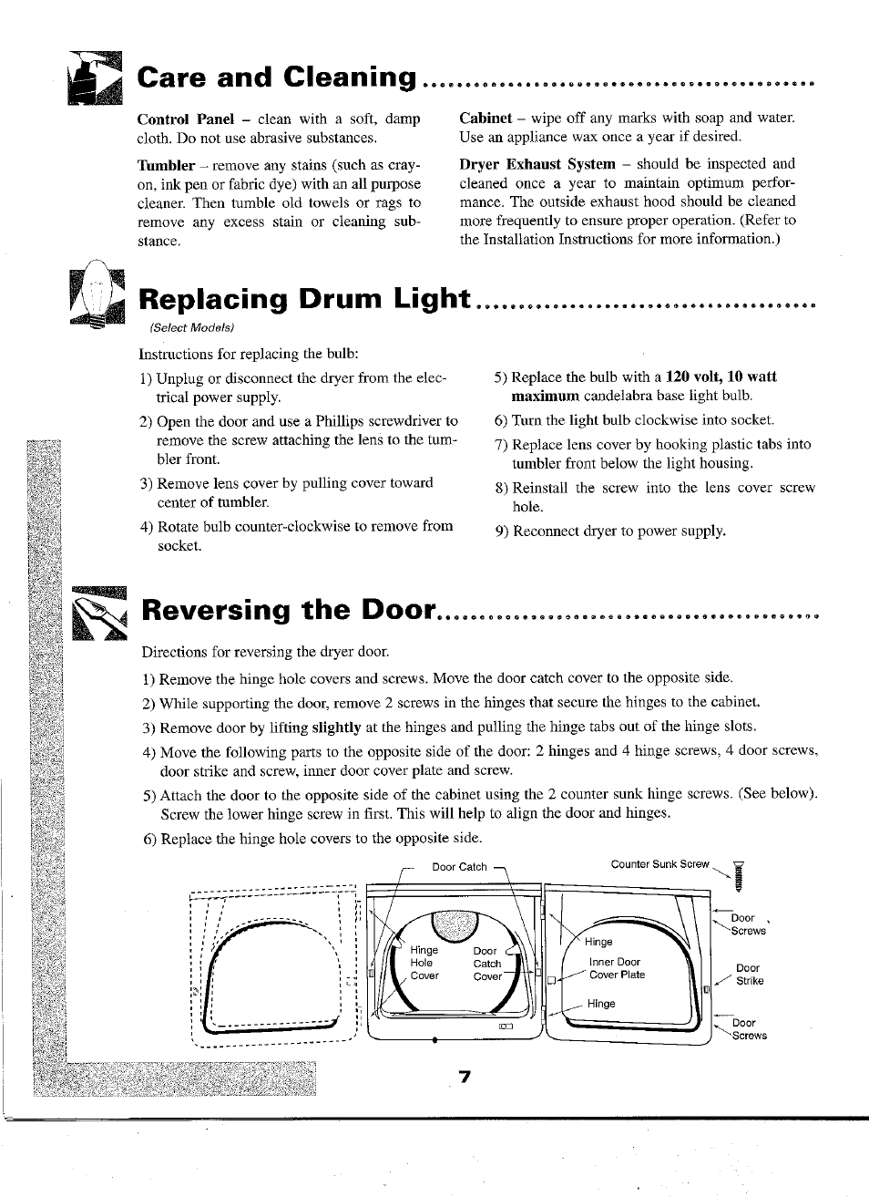 Replacing drum light, Reversing the door, Care and cleaning | Maytag D-2 User Manual | Page 8 / 10