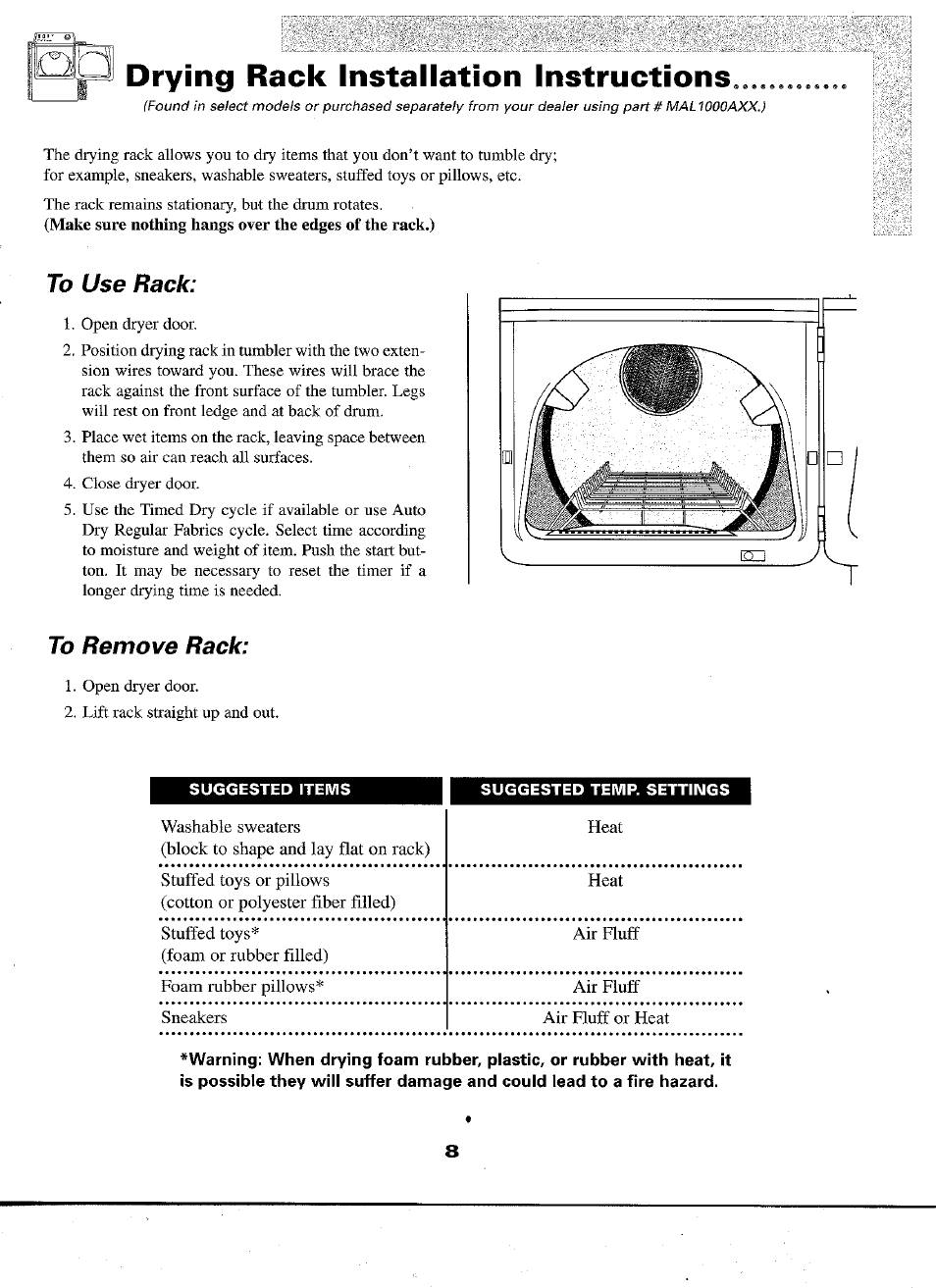 Drying rack installation instructions, To use rack, To remove rack | Drying rack instaiiation inst | Maytag D-2 User Manual | Page 9 / 10