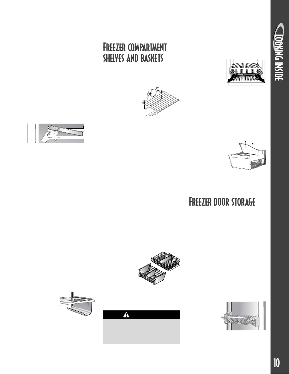 Freezer door storage, Freezer compartment shelves and baskets, Lo oki ng insi de | Maytag MCS 16021937 User Manual | Page 11 / 72