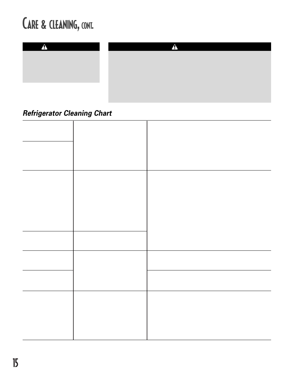 Are & cleaning, Cont, Refrigerator cleaning chart | Caution, Warning | Maytag MCS 16021937 User Manual | Page 16 / 72