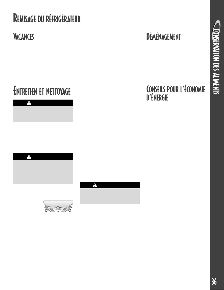 Cons er vation d es aliment s, Emisage du réfrigérateur vacances, Déménagement | Ntretien et nettoyage, Conseils pour l’économie d’énergie | Maytag MCS 16021937 User Manual | Page 37 / 72