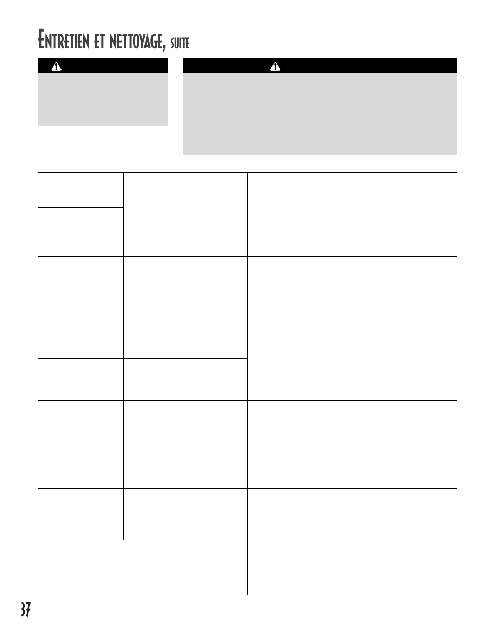 Ntretien et nettoyage, Suite, Attention | Avertissement, Tableau de nettoyage du réfrigérateur | Maytag MCS 16021937 User Manual | Page 38 / 72