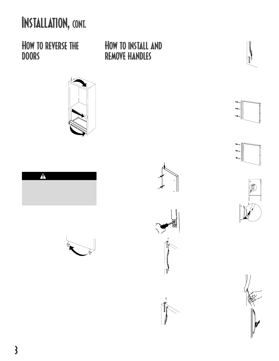 Installation, 3how to reverse the doors, Cont. how to install and remove handles | Caution, Fresh food handles | Maytag MCS 16021937 User Manual | Page 4 / 72