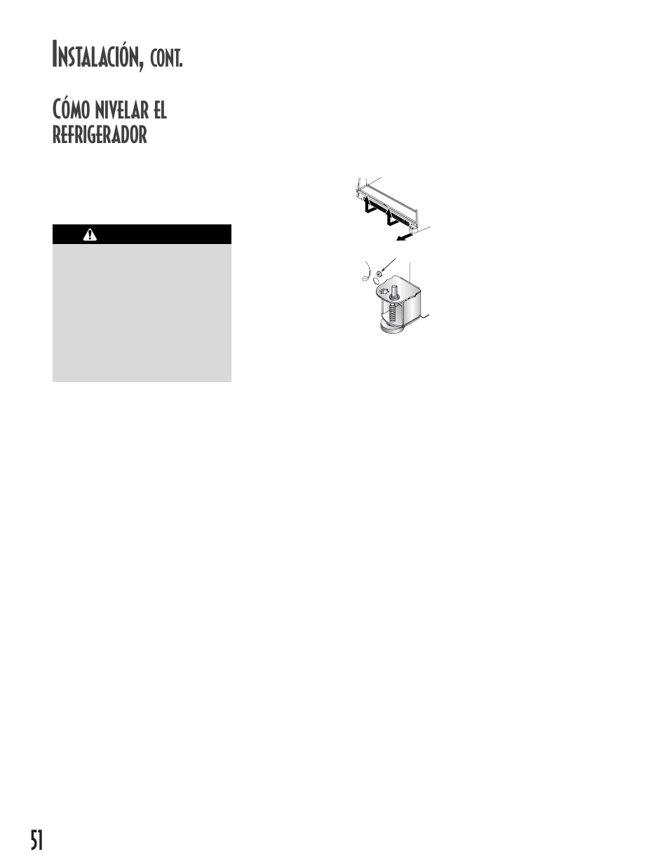 Nstalación, Cont. cómo nivelar el refrigerador | Maytag MCS 16021937 User Manual | Page 52 / 72