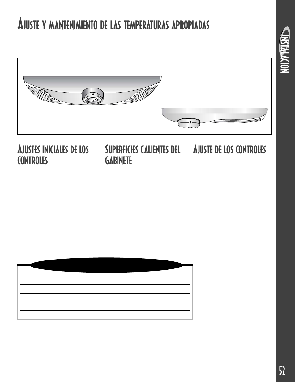 Inst al acion, Ajustes iniciales de los controles, Superficies calientes del gabinete | Ajuste de los controles | Maytag MCS 16021937 User Manual | Page 53 / 72