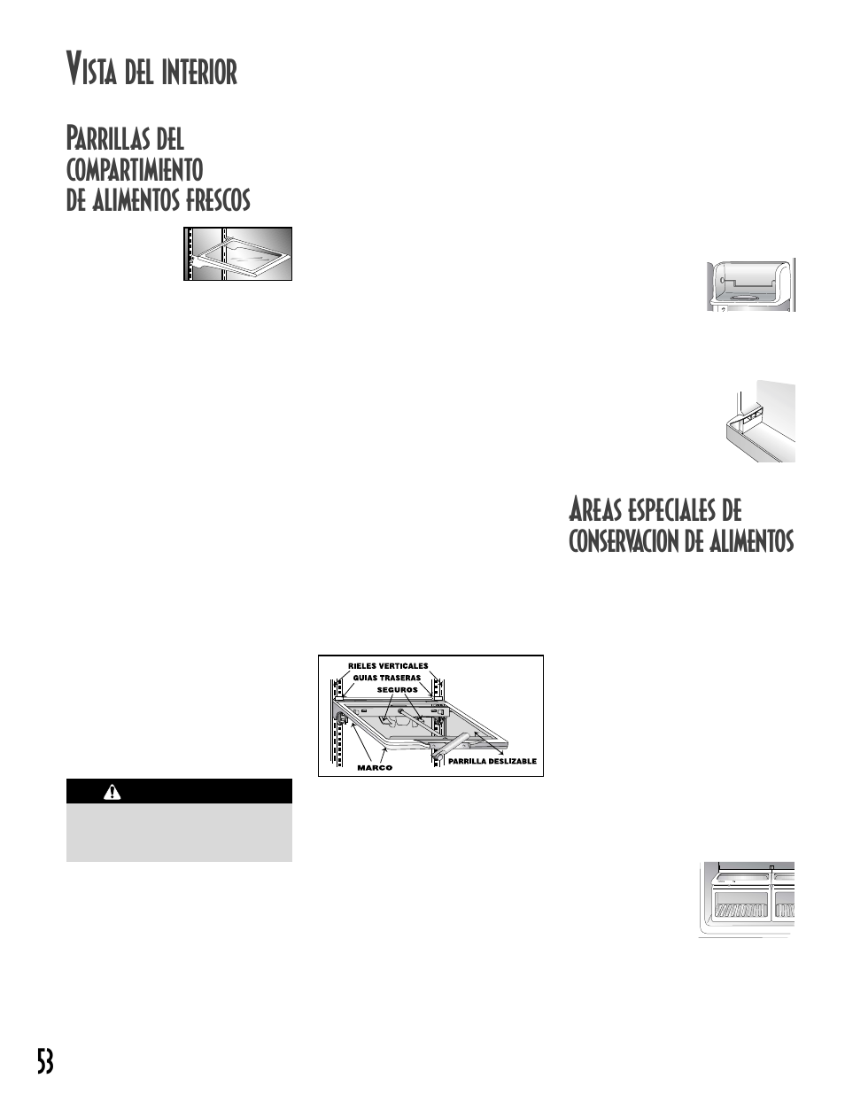 Parrillas del compartimiento de alimentos frescos, Ista del interior, Areas especiales de conservacion de alimentos | Maytag MCS 16021937 User Manual | Page 54 / 72