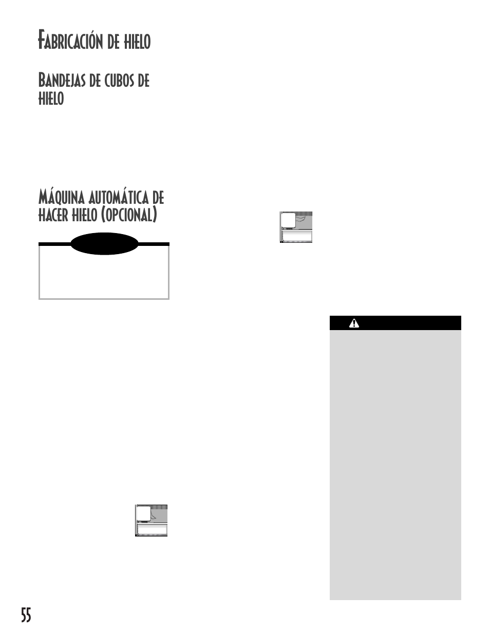 Abricación de hielo, Bandejas de cubos de hielo, Máquina automática de hacer hielo (opcional) | Maytag MCS 16021937 User Manual | Page 56 / 72