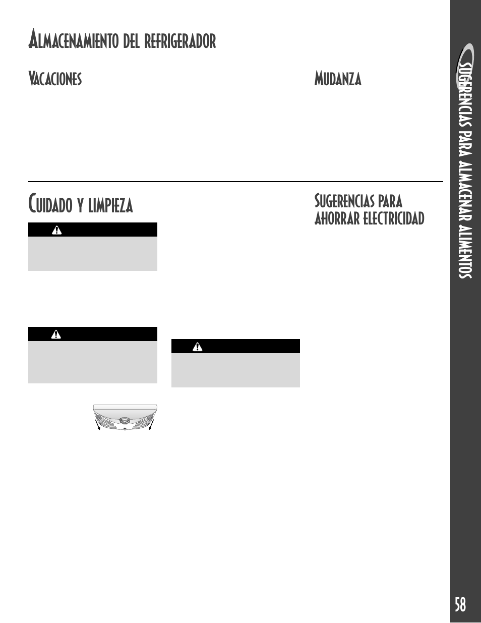 Suger encia s p ara al ma cenar aliment os, Lmacenamiento del refrigerador vacaciones, Mudanza | Uidado y limpieza, Sugerencias para ahorrar electricidad | Maytag MCS 16021937 User Manual | Page 59 / 72