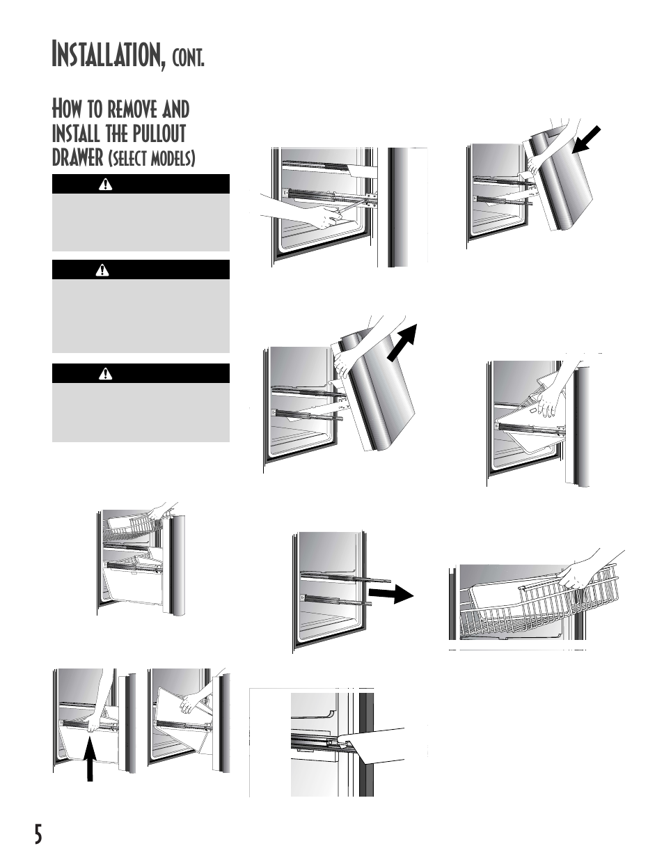 Installation, Cont, How to remove and install the pullout drawer | Select models) | Maytag MCS 16021937 User Manual | Page 6 / 72