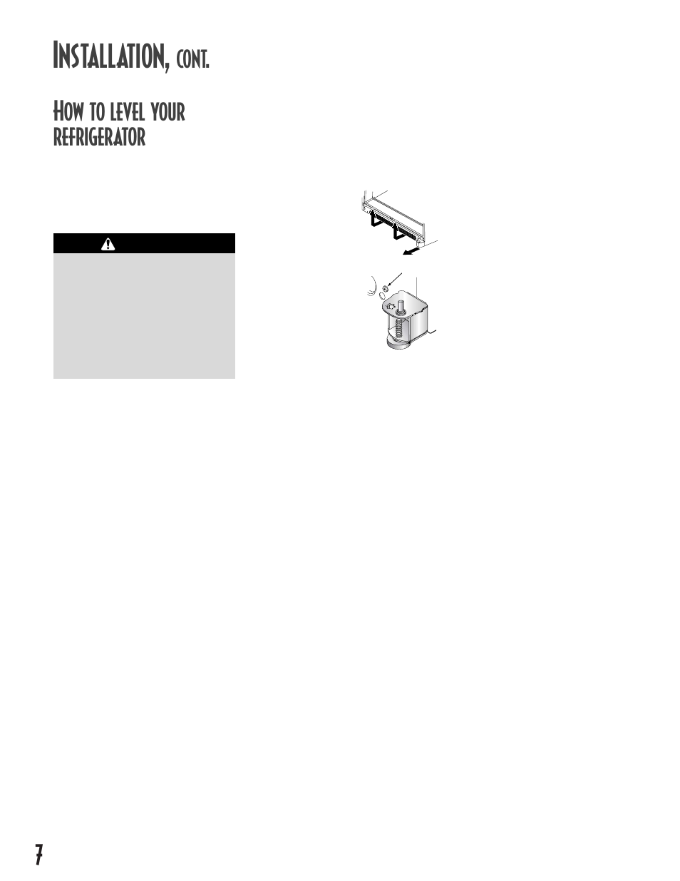 Installation, 7how to level your refrigerator, Cont | Caution materials needed | Maytag MCS 16021937 User Manual | Page 8 / 72